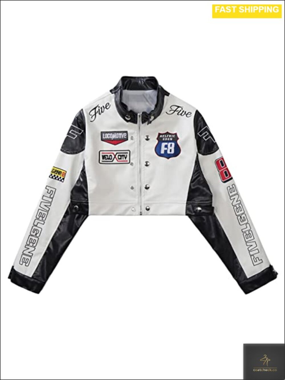 Cropped Faux Leather Moto Biker Jacket Embroidered Letter Slim Fit Women